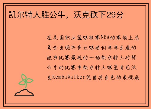 凯尔特人胜公牛，沃克砍下29分