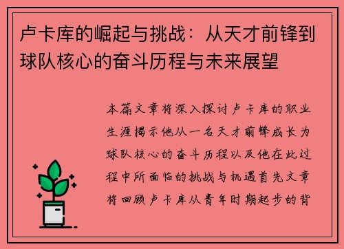 卢卡库的崛起与挑战：从天才前锋到球队核心的奋斗历程与未来展望