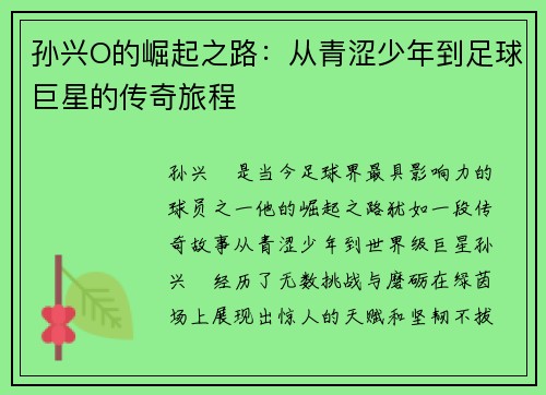 孙兴O的崛起之路：从青涩少年到足球巨星的传奇旅程